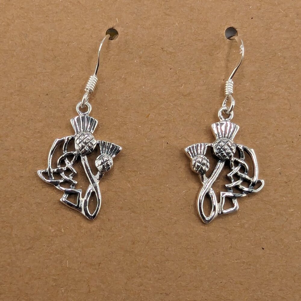 Brand New 925 Solid Sterling Silver Hanging Hook Thistle Celtic Knot Earrings